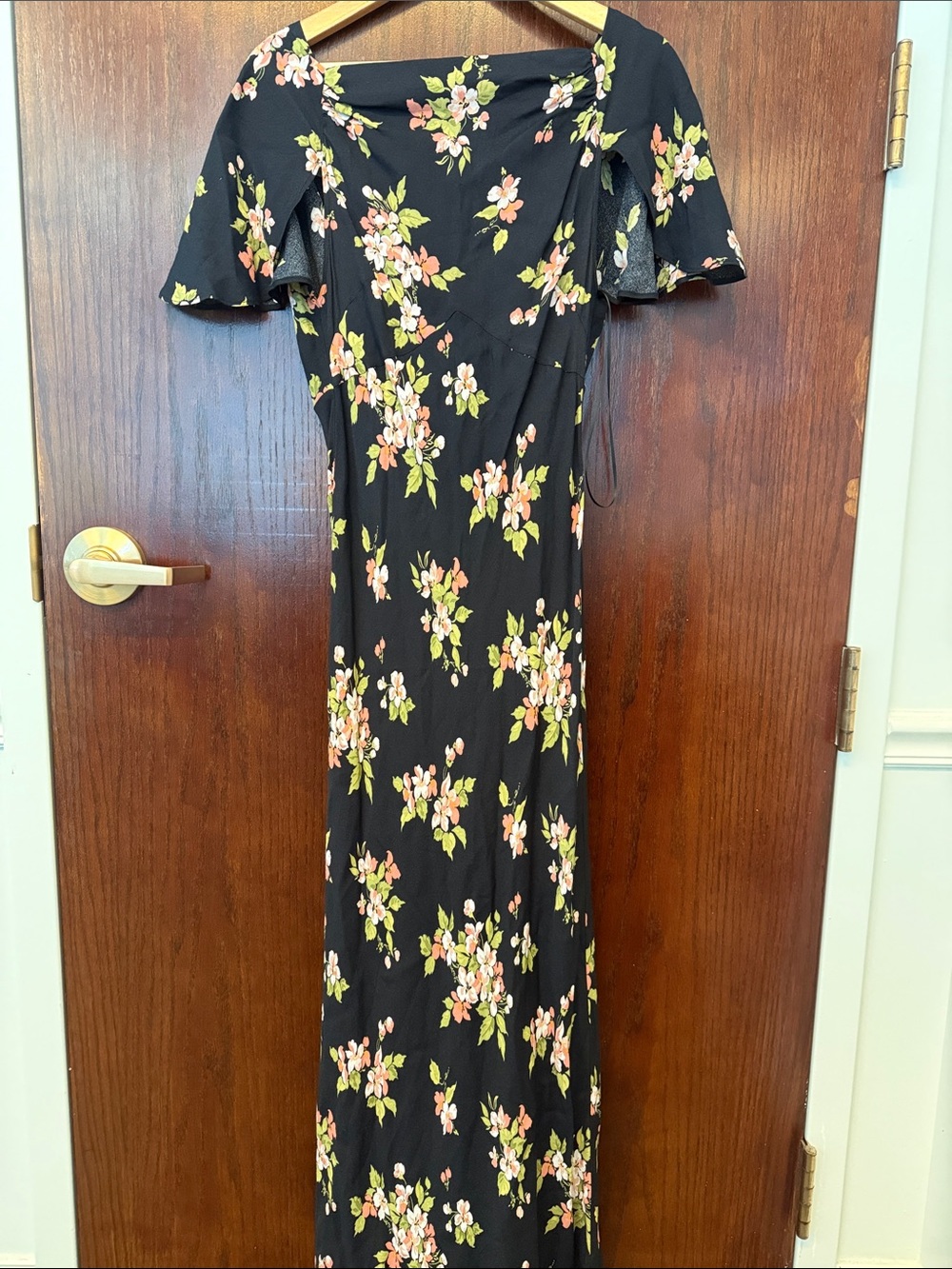 Reformation Black Maxi Dress with Pink Floral Print and Green Leaves